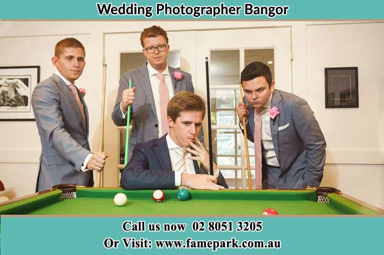 Photo of the Groom and the groomsmen playing billiard Bangor NSW 2234